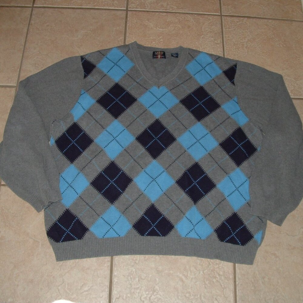 Mens Sz XXL Gray Argyle Diamond Soft Stretchy Cotton Pullover V-Neck Sweater